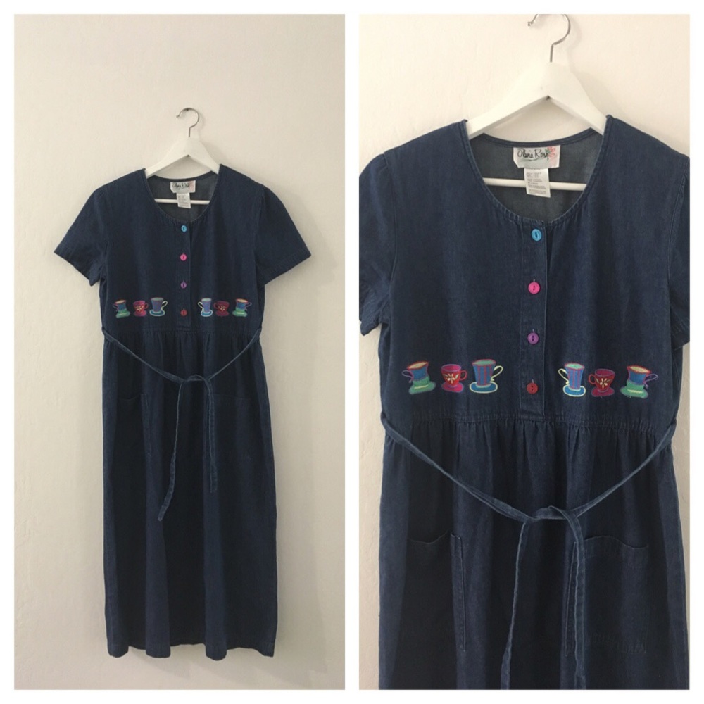 Vintage embroidered denim midi dress
